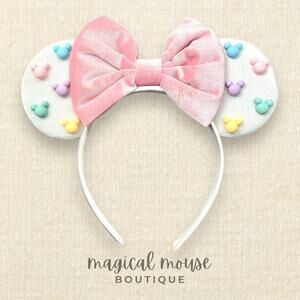 White & Pink Velvet Pastel Pearl Minnie Ears | Disney-Inspired Mouse Ears
